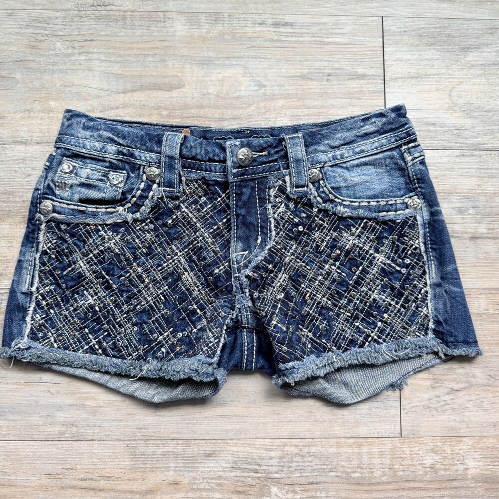 Miss Me Rhinestone Embellished Denim Cutoff Shorts Womens 27 Y2K Bling Festival